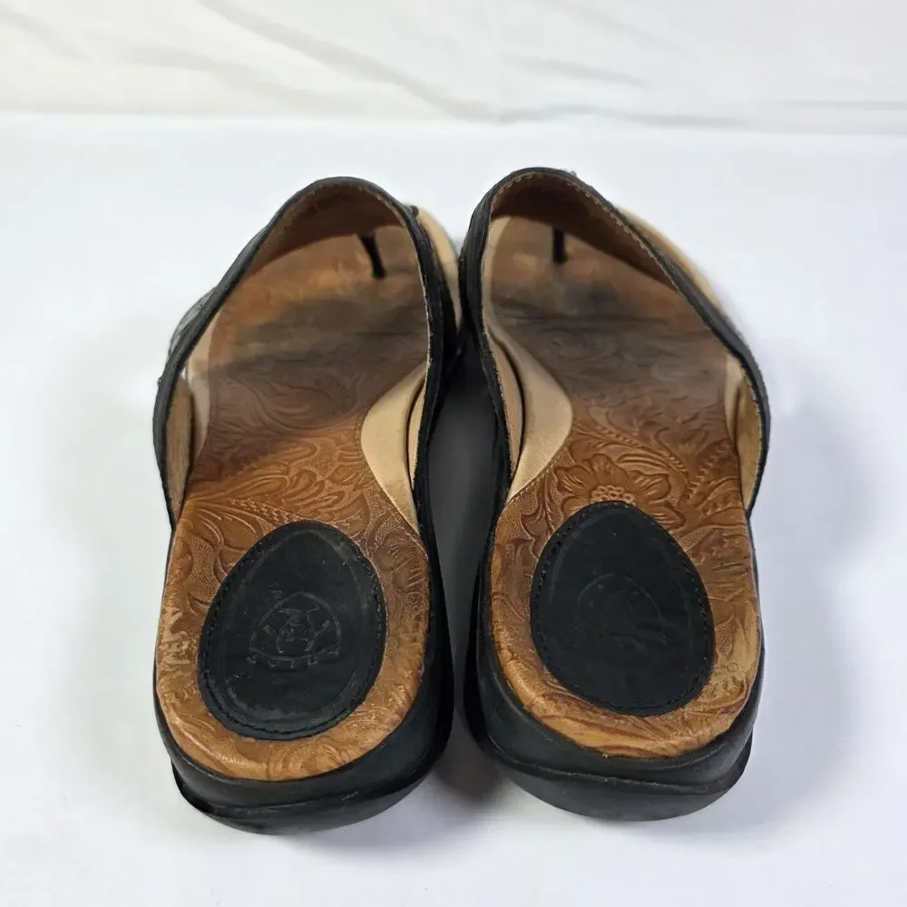 Ariat Womens Sandals Thong Flip Flop Size 9B Brown Leather Embossed Slip On